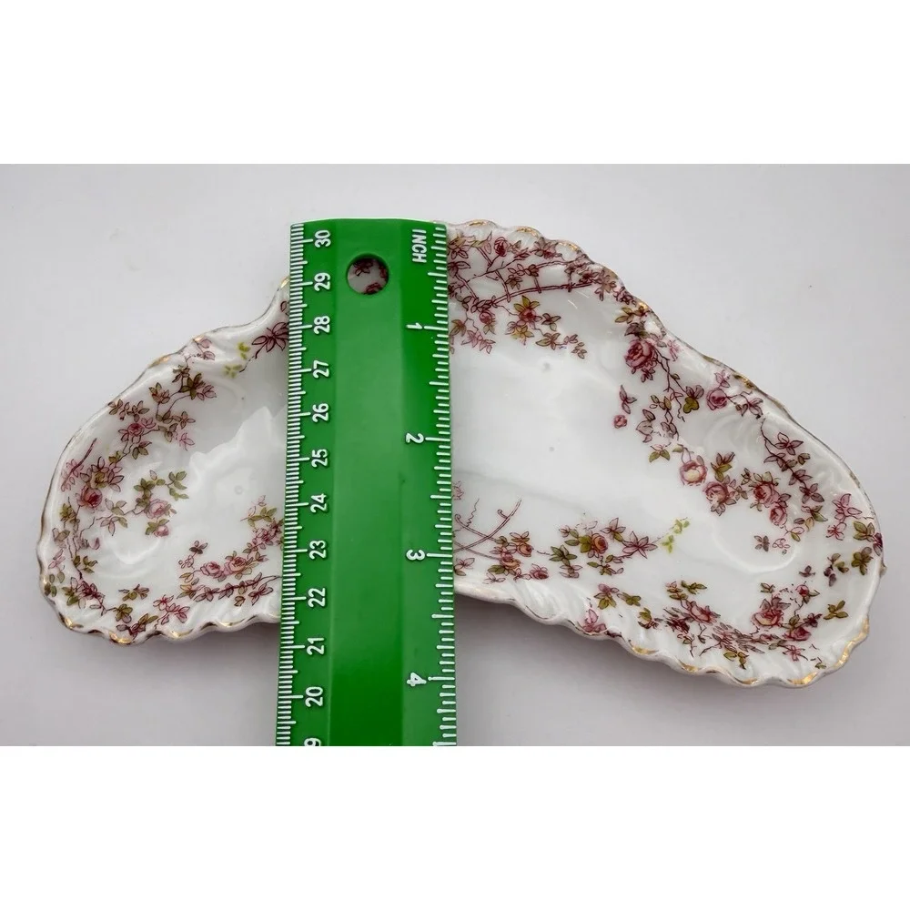 Antique Carlsbad Porcelain Bone Dish Crescent Rose Garlands Trellis Gold Trim 7